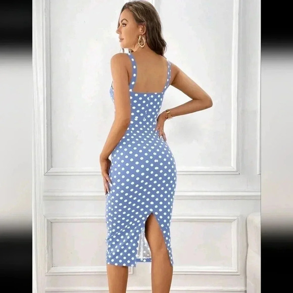 Women Summer Polka Dot Printed Mermaid Hem Bodycon Spaghetti Strap E - Picture 1 of 6